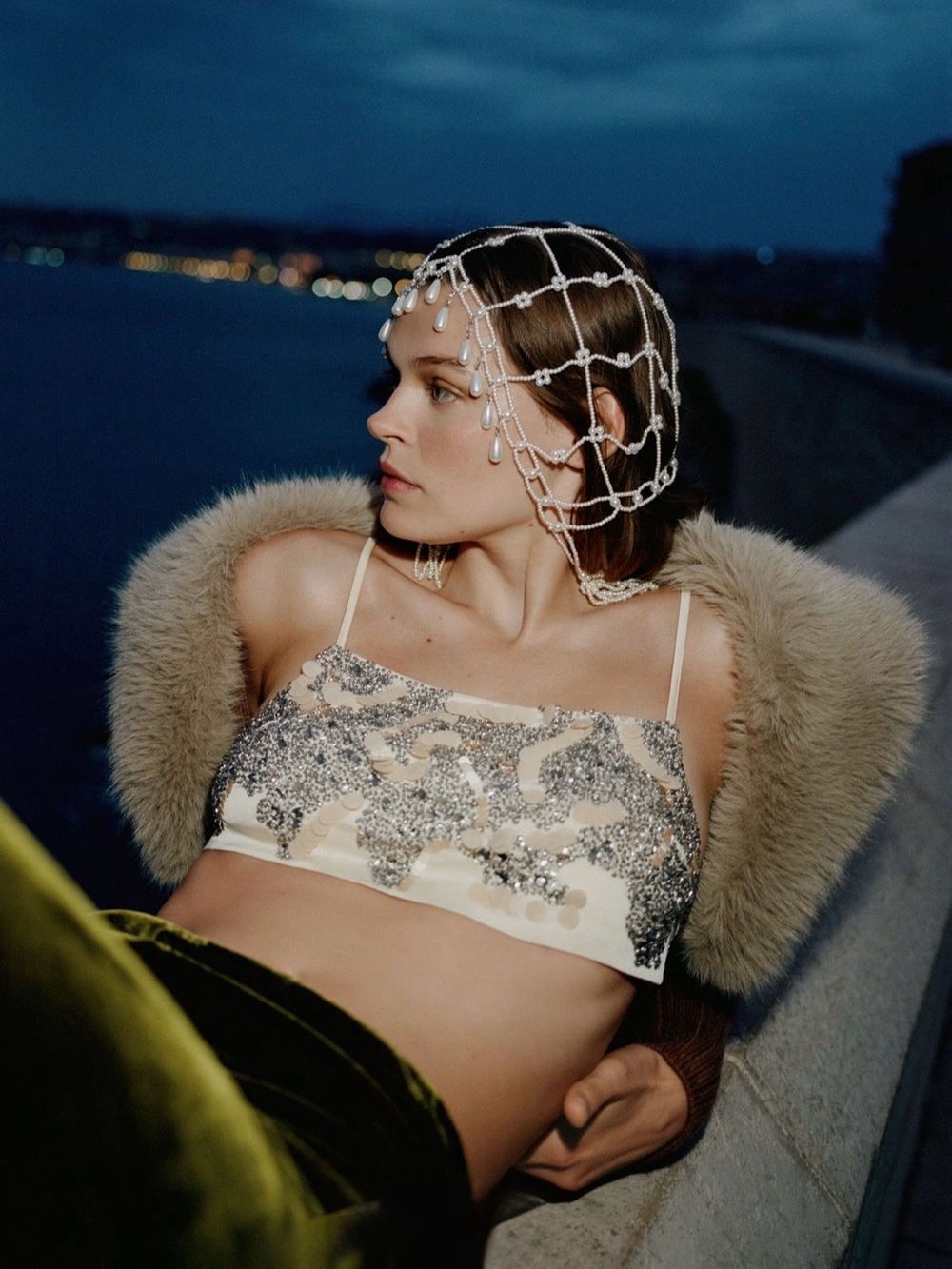 Anthropologie Cream Sequin Beaded Crop Top